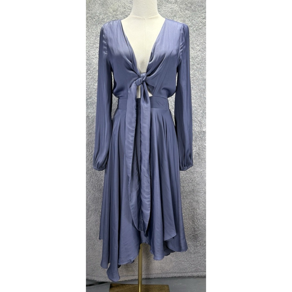 Saints + Secrets Womens XS Blue Satin Midi Dress Tie Front Cutout Asymmetrical